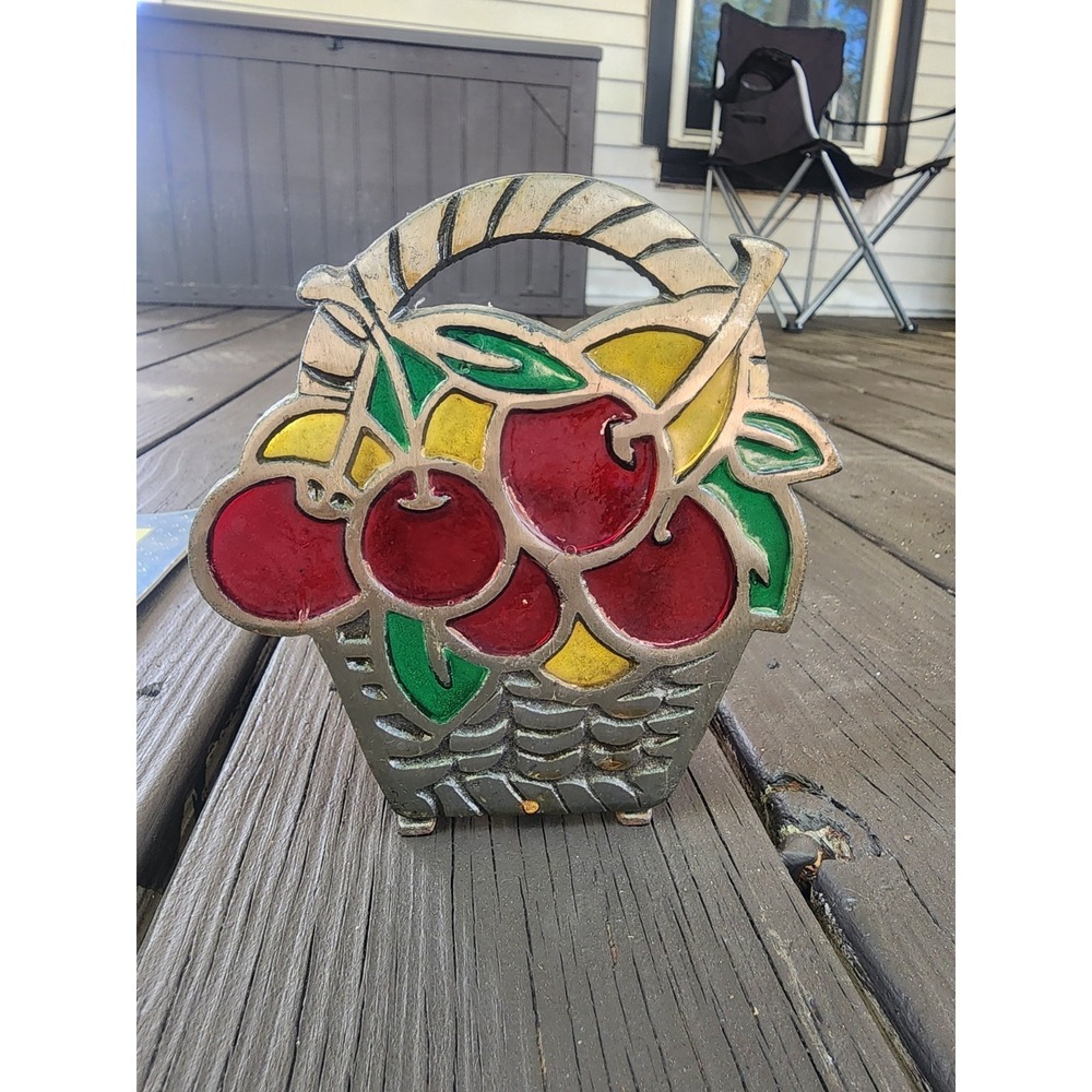 Vintage CHERRY BASKET Stained Glass Napkin Holder Cherries  1960-70's Cast Iron